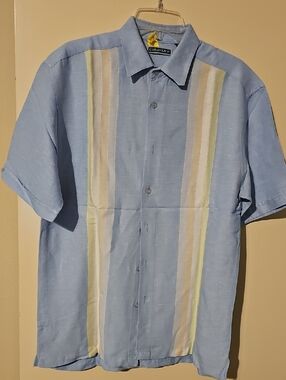 Cubavera Light Blue Short-Sleeve Button-Up with Cream and Tan Stripes